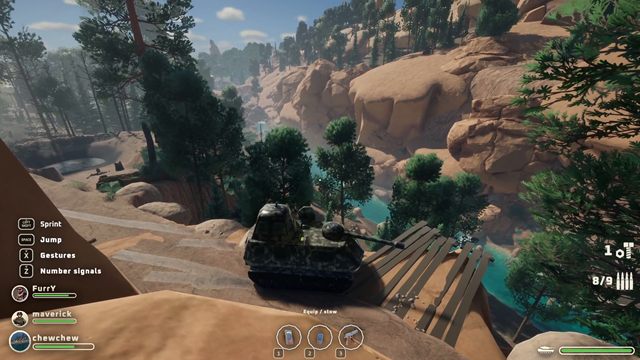 The tank on a narrow wooden bridge over a river valley